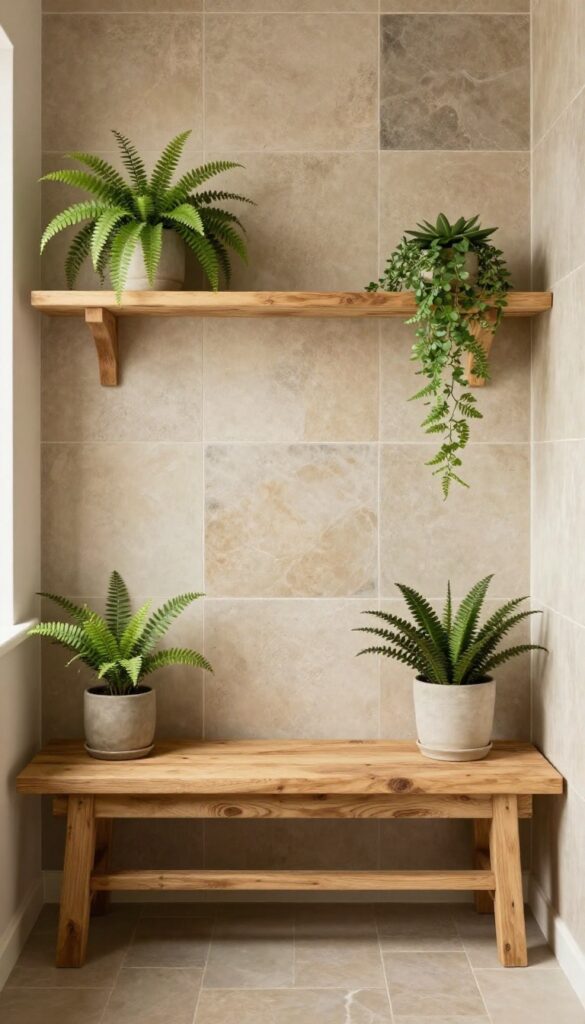 A rustic shower with black slate tiles and wood accents in natural light