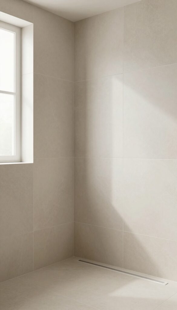 A photorealistic image of a stand-up shower featuring floor-to-ceiling matte porcelain tile that creates a taller, more polished look with bright natural lighting and clean design.