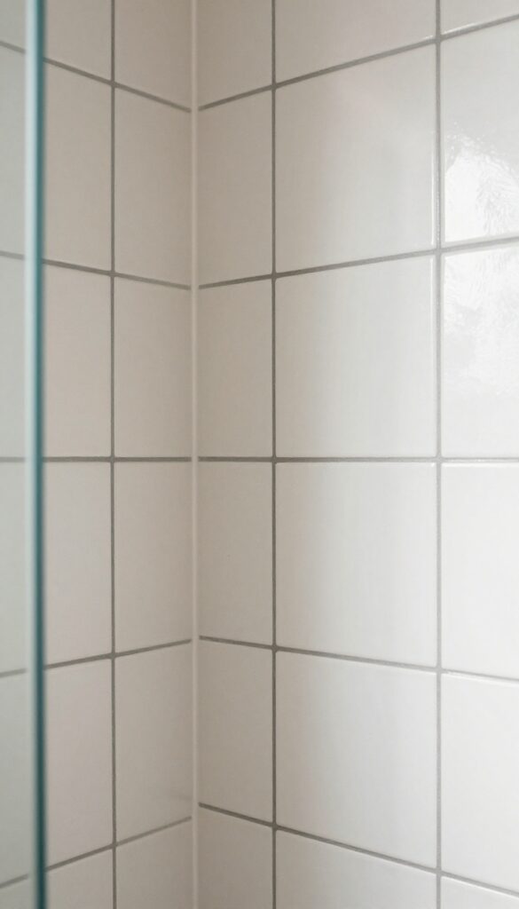 Close-up of colorful grout highlighting tile patterns in a shower cabin with bright natural light and clean composition.
