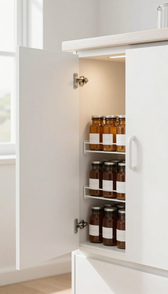 Inside a kitchen cabinet door with a vertical spice rack holding organized spice jars