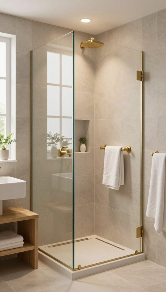 A warm neutral walk-in shower with beige tiles, brushed brass fixtures, and natural light, creating a soft and inviting spa-like bathroom atmosphere.