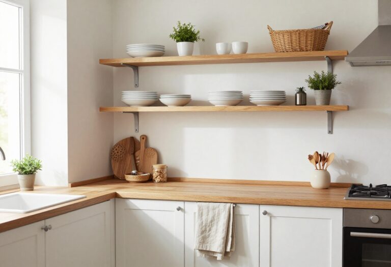 Cozy small kitchen with warm wood floating shelves displaying white dishes and herbs