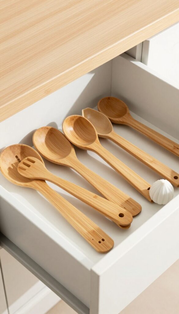 Organized kitchen drawer with bamboo dividers separating utensils and gadgets.