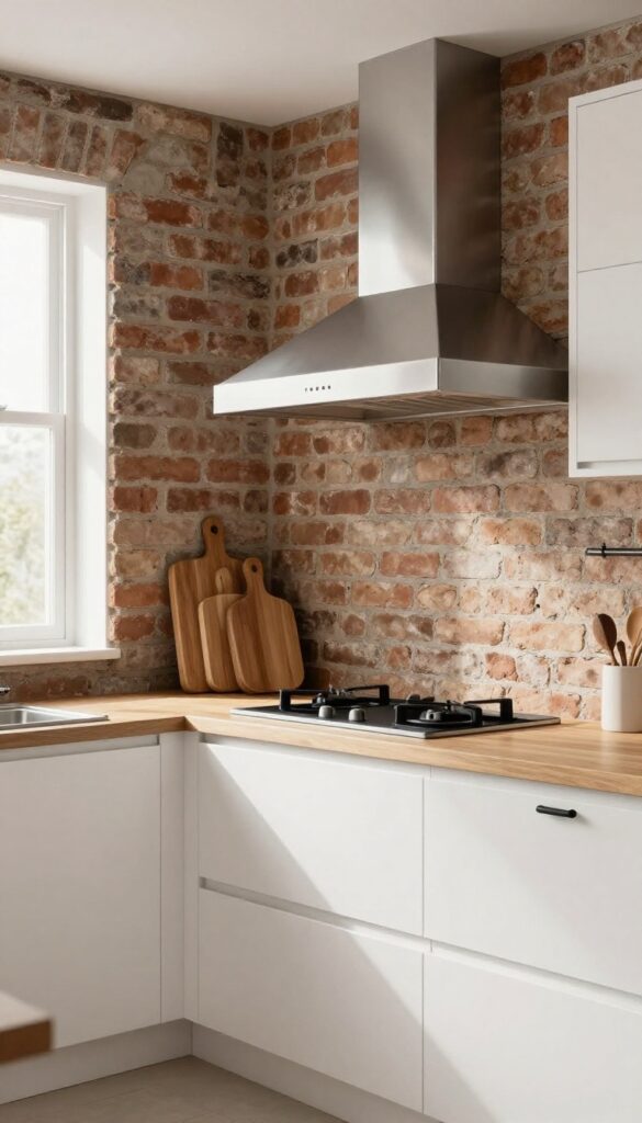 Rustic brick range hood surround in a bright, modern kitchen with natural light