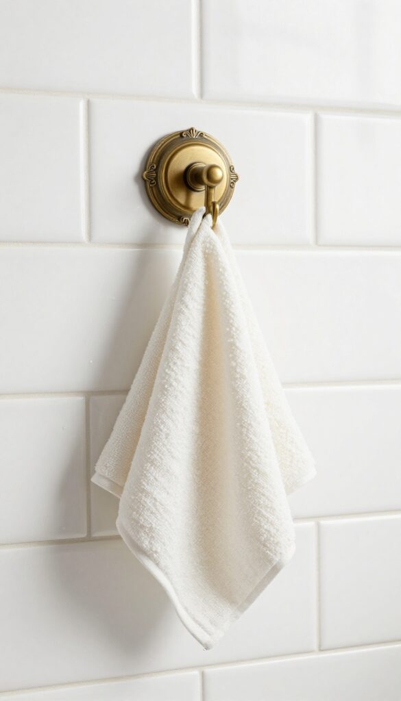 A vintage suction cup hook in brushed brass holding a loofah and washcloth on a white subway tile wall in a bright bathroom.