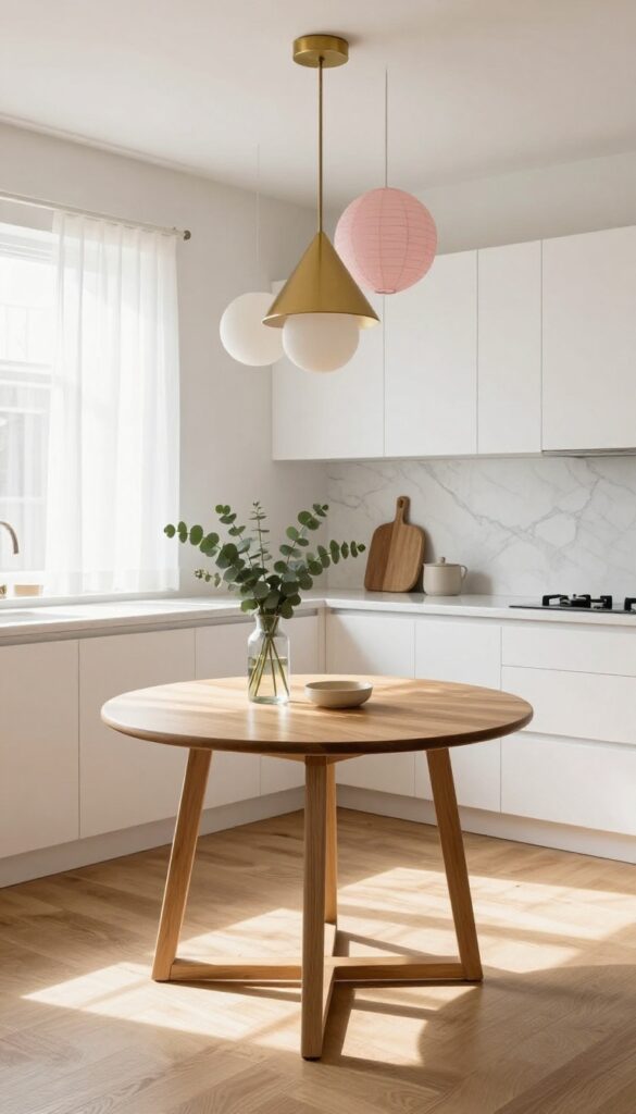 Kitchen with a cluster of mismatched pendant lights over a small dining table, including brass, white, and pink fixtures, in bright natural light.
