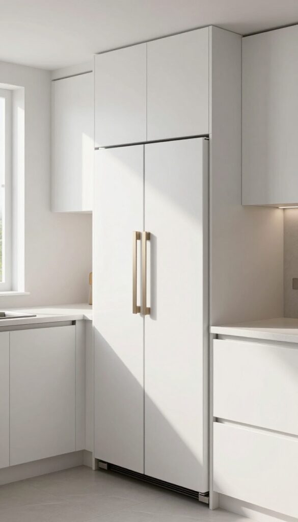 Modern kitchen with cabinet-front refrigerator blending into white cabinetry, creating a seamless and clutter-free look