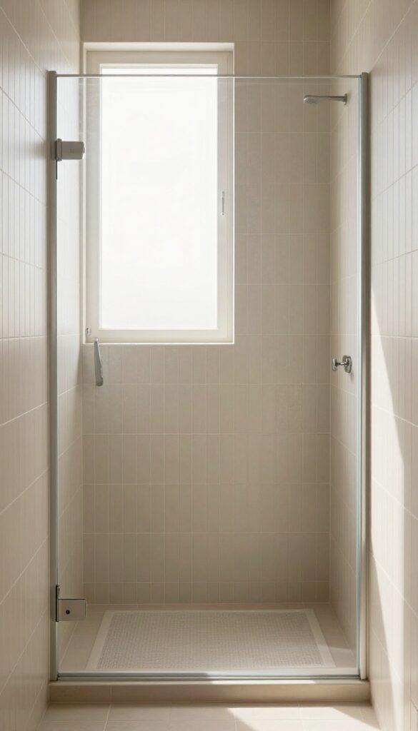 A small walk-in shower with vertical tile layout to create a sense of height, showcasing clean design and natural light in a bathroom setting.