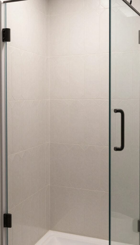 Vertical geometric tile shower in a modern bathroom with natural light and simple fixtures