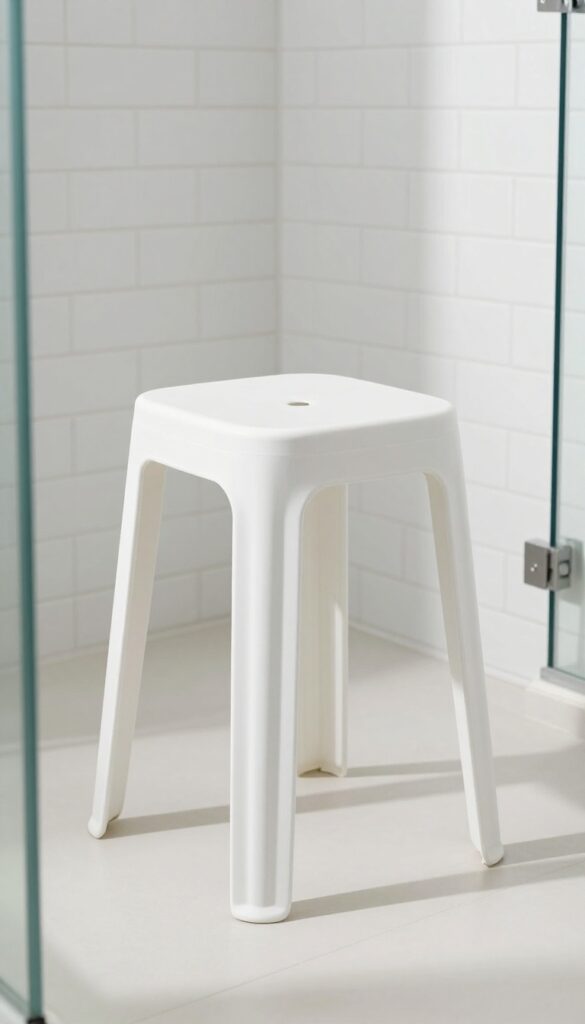 Minimalist white plastic shower stool with subtle lines in a bright, clean bathroom