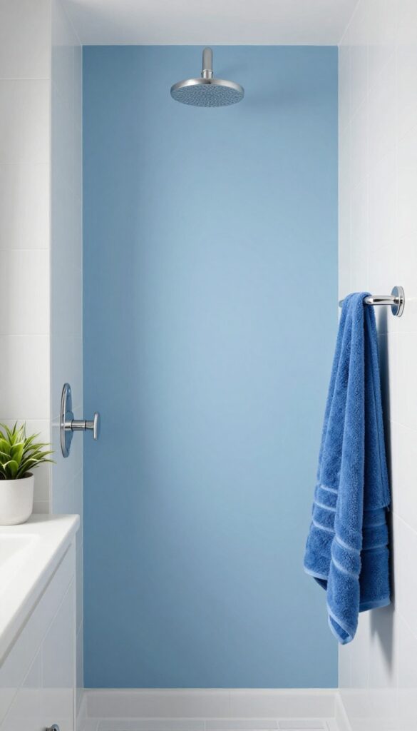 A bathroom shower featuring a painted accent wall in soft blue waterproof paint against white tiles and chrome fixtures, with matching towels and a plant for a cohesive look.