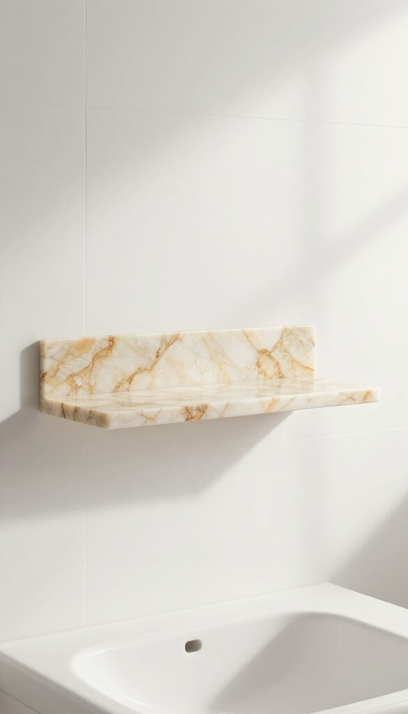 Floating onyx shelf in bathroom with white tiles and natural light