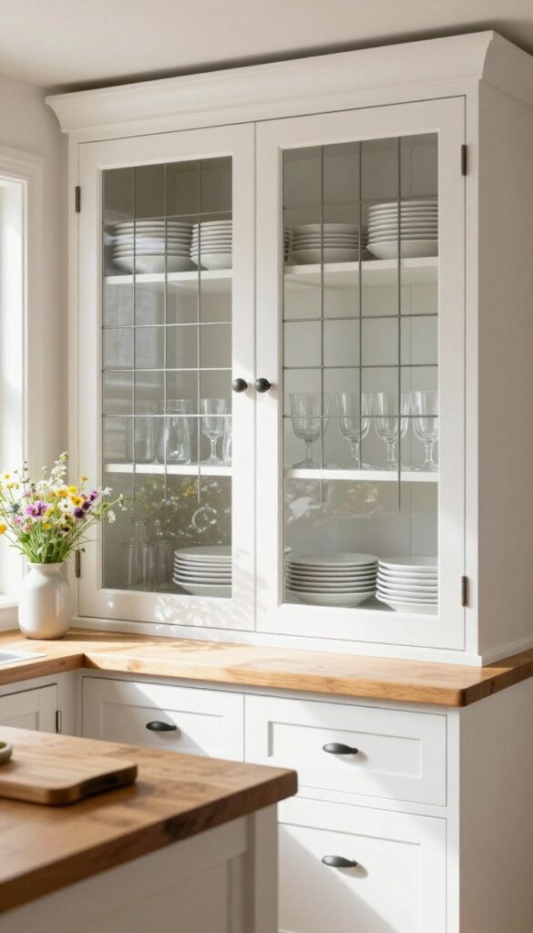 Country kitchen with glass-front cabinet doors displaying neatly stacked white plates and glassware, natural light, rustic wooden countertop with wildflowers.