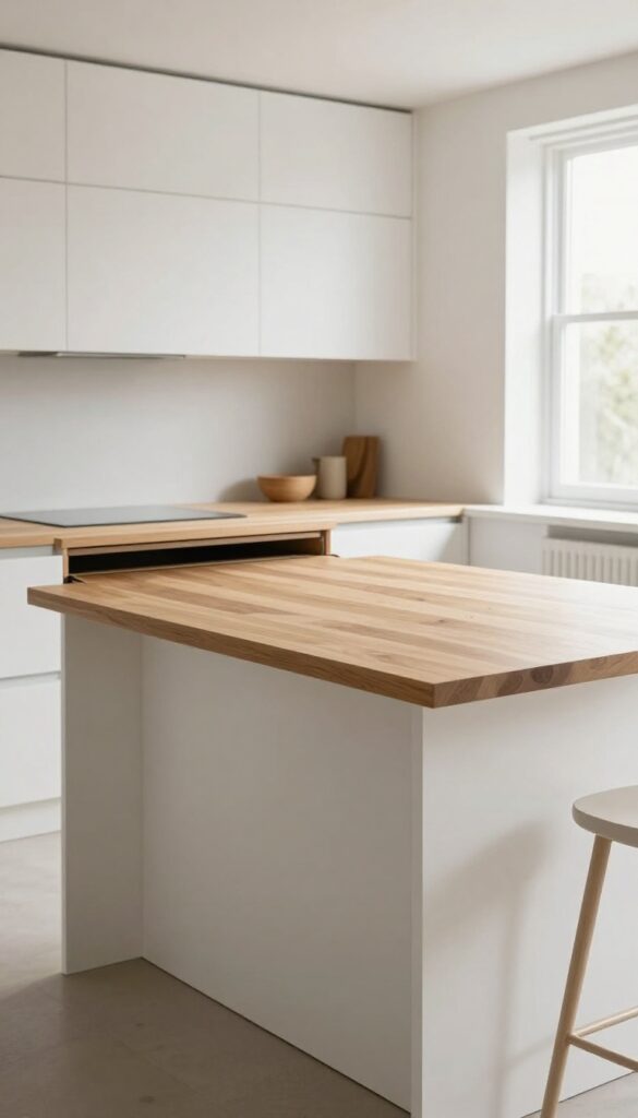 A drop-leaf kitchen island with one leaf up and one leaf down, bar stool tucked underneath, bright natural light.