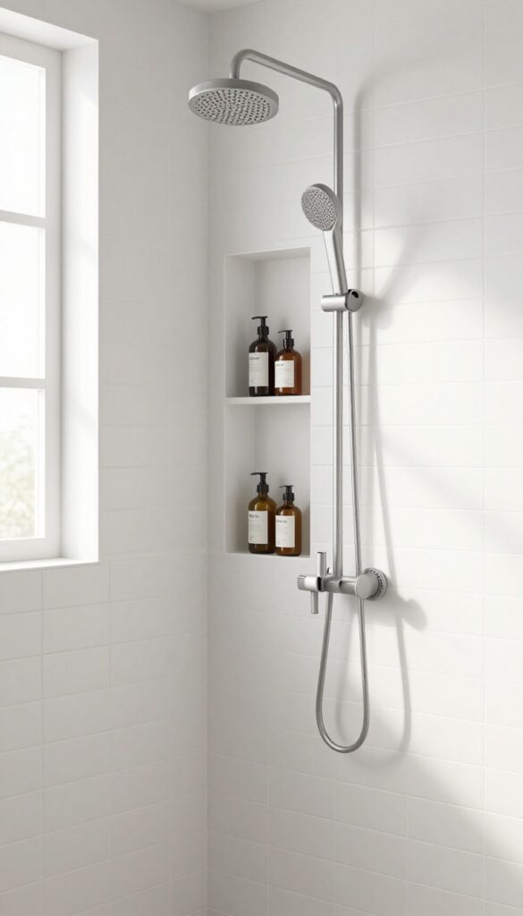 A built-in shower niche with storage for bottles in a clean, custom-designed bathroom.