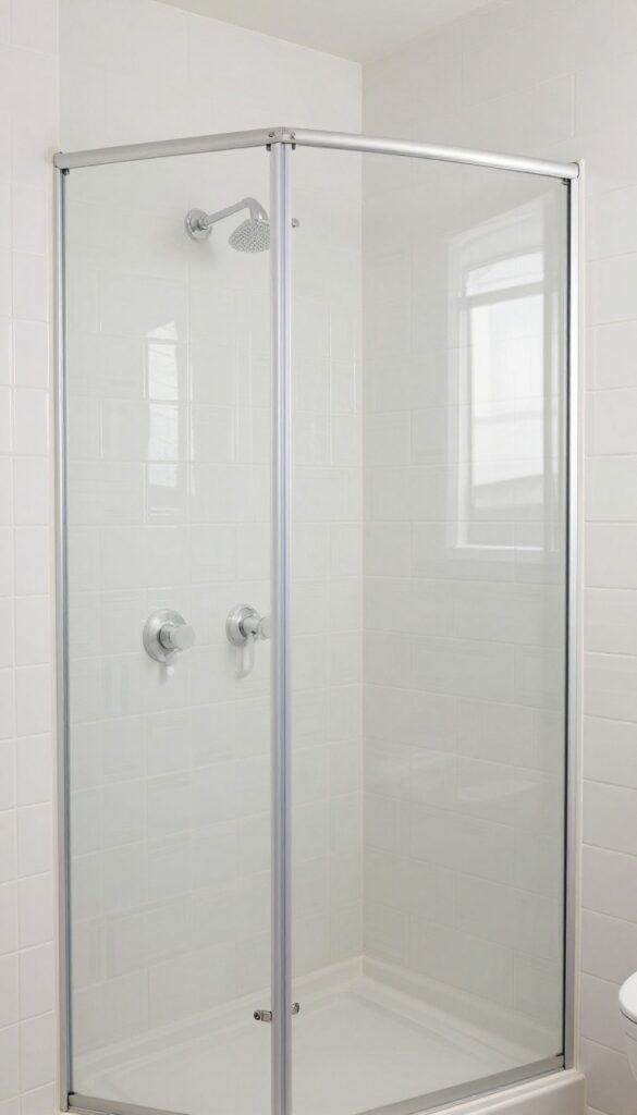 A bathroom shower stall with a peel-and-stick backsplash in a bold pattern for easy updates.