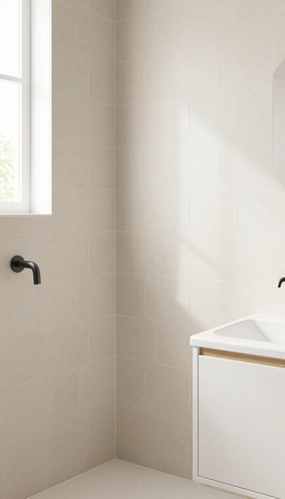 Beige hexagon tiles in a geometric pattern on a bathroom shower wall with natural light and minimalist decor.