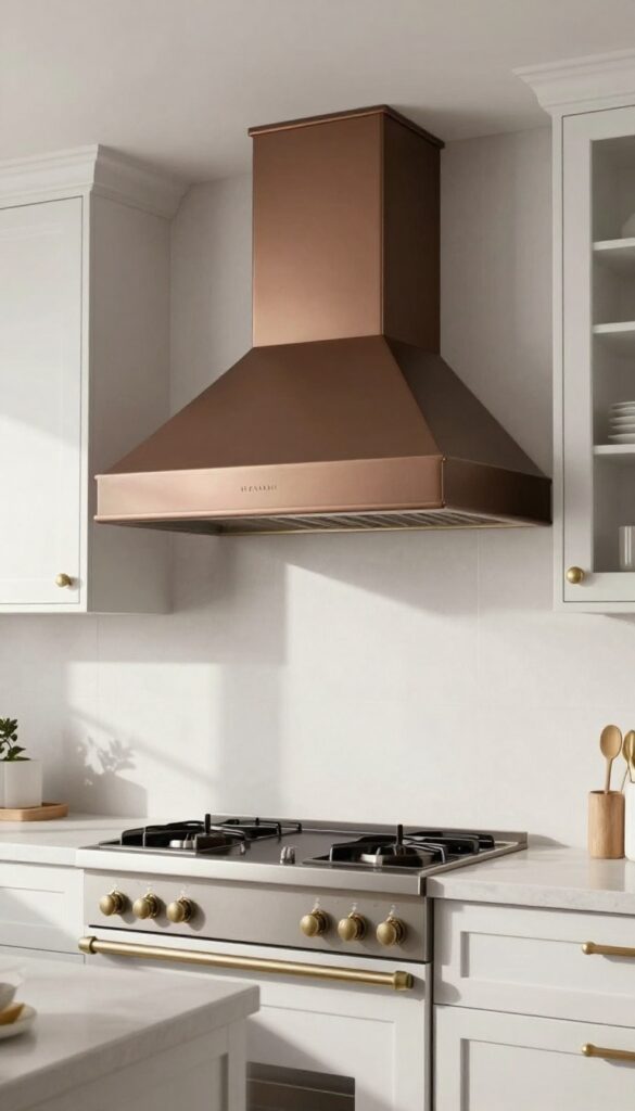 Modern kitchen with brown metal range hood as statement piece