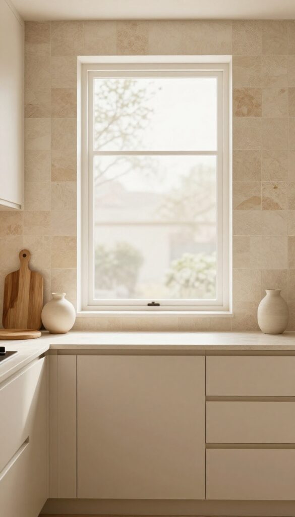 Modern beige kitchen with textured zellige tile backsplash, flat-front cabinets, and natural light.