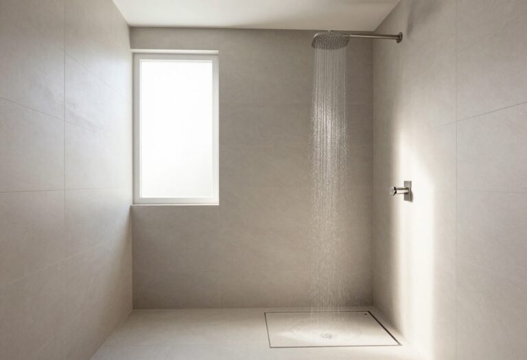 Modern bathroom shower with a seamless linear drain and large gray tiles
