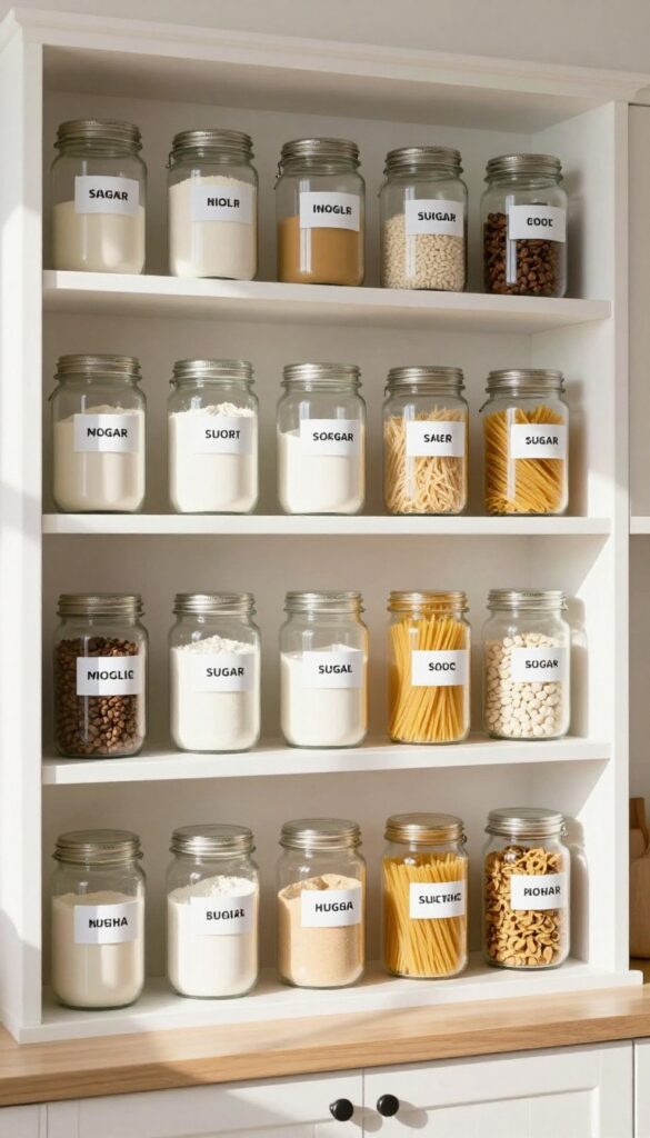Open kitchen shelves with labeled glass jars containing flour, sugar, and pasta in natural light.