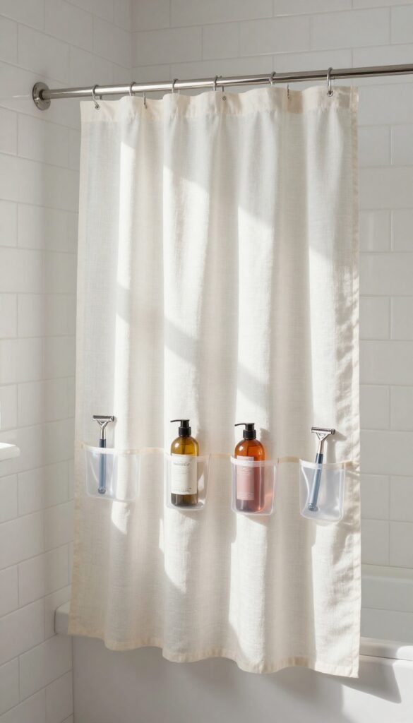 A white linen shower curtain with clear vinyl pockets holding shampoo and conditioner bottles in a bright bathroom.