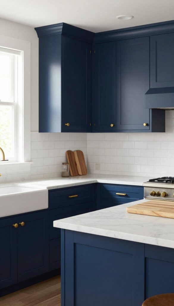 Navy blue kitchen cabinets with brass hardware and marble countertops