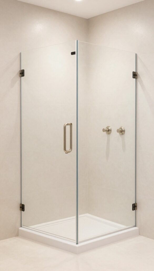 A small walk-in shower in a bathroom with light warm neutral tones like creamy white and beige tiles, showcasing soft lighting and textured finishes for a cozy, spacious feel.