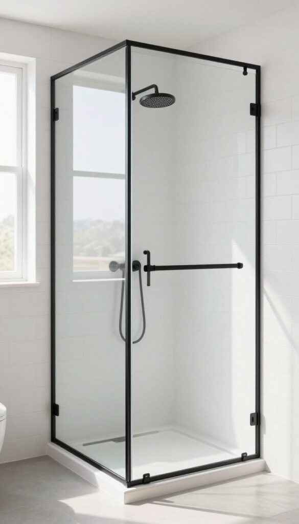 Black-framed glass shower enclosure in a bright white bathroom with natural light