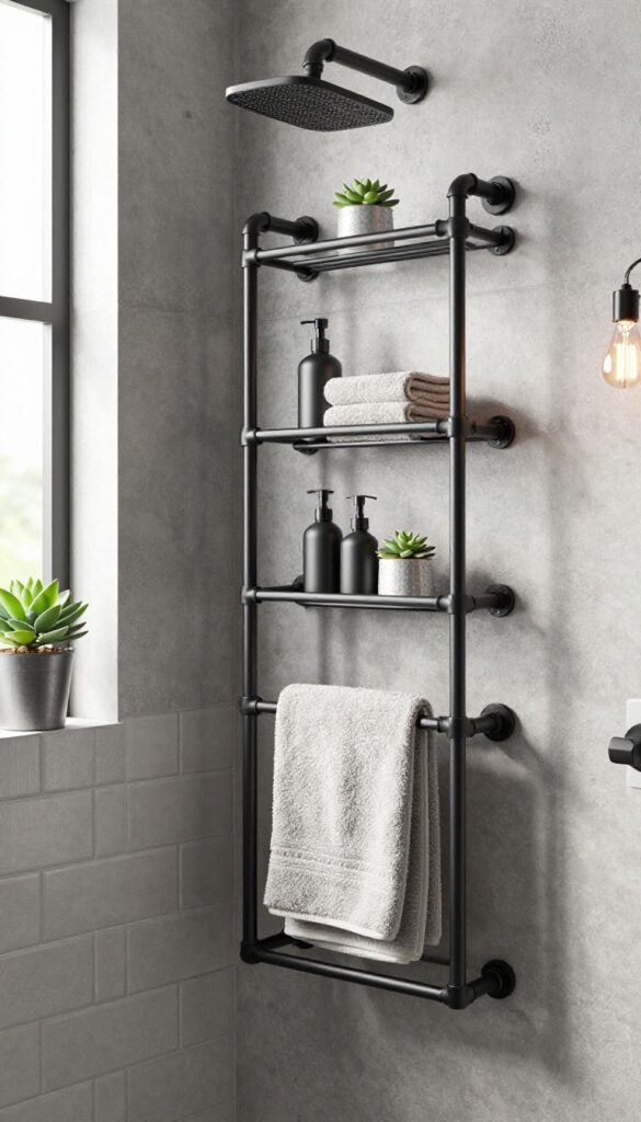 Industrial pipe shower organizer in a modern bathroom with concrete walls and natural light.