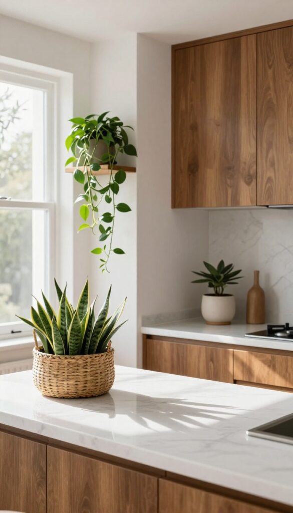 Brown kitchen with green plants on counter and open shelves