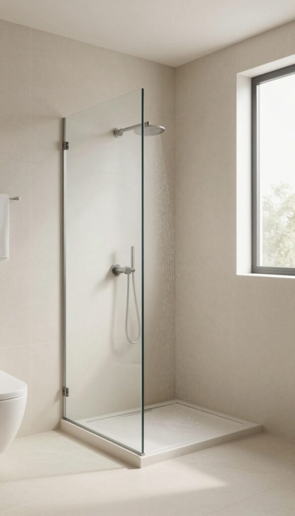 Open-entry standing shower in a modern bathroom with large-format tile and minimal hardware.