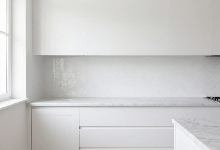 Modern kitchen with herringbone subway tile splashback