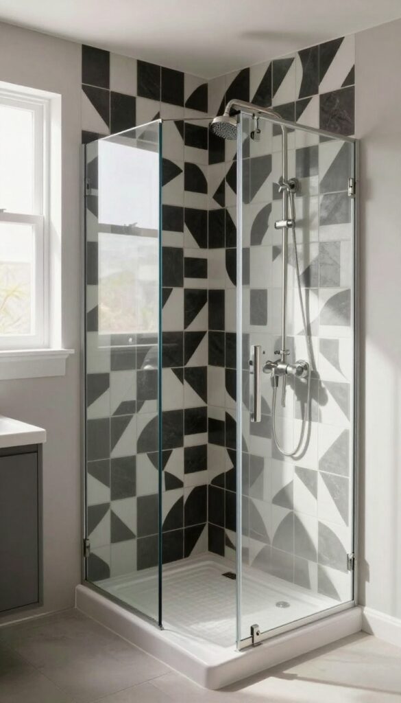 Small bathroom shower with bold geometric patterned tile on the back wall, neutral surroundings, and natural light.