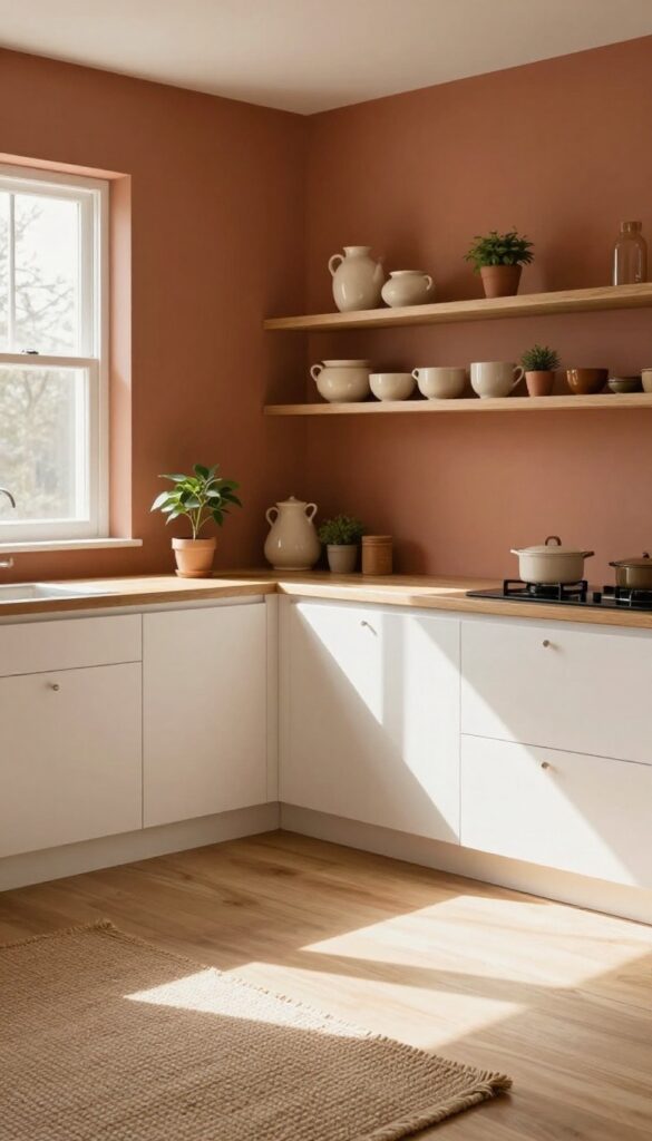 Bright kitchen with terracotta walls, white cabinets, light wood countertops, and plants
