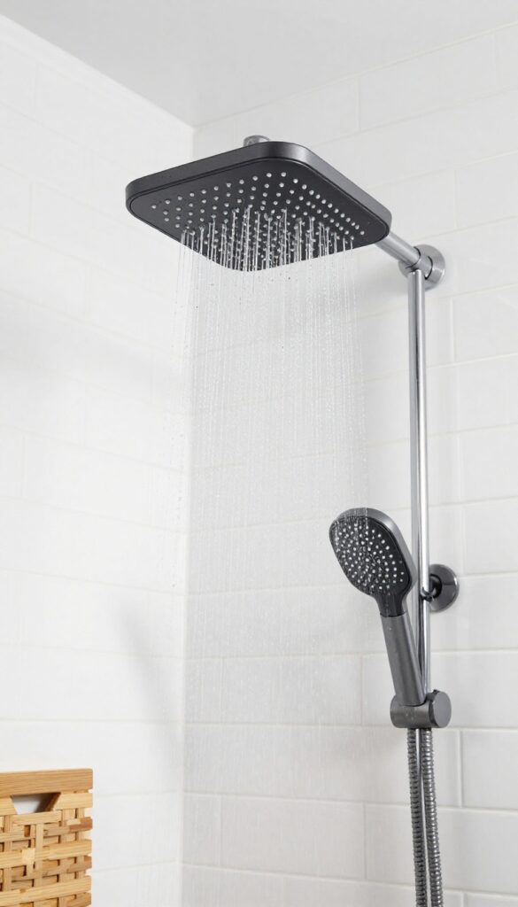 A close-up view of a matte black showerhead in a bright, modern bathroom with white tiles and natural elements, showcasing its sleek design as a statement piece for home decor.