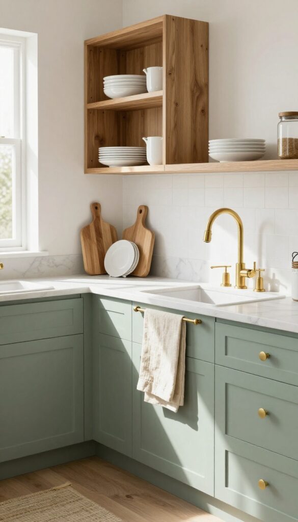 Sage green kitchen cabinets with warm brass hardware, open shelving, and natural light streaming in.