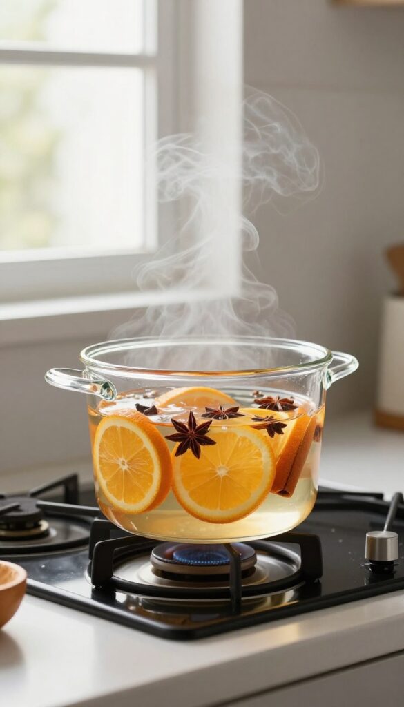 A simmer pot on a stove with orange slices, cinnamon sticks, and star anise, emitting steam in a bright kitchen.
