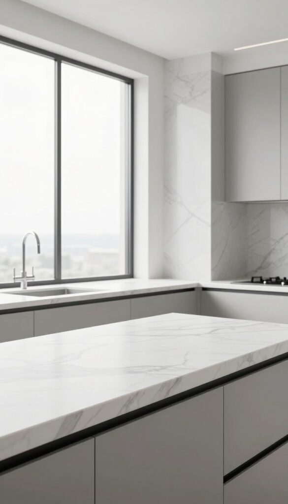 Seamless white marble slab backsplash matching the countertop in a bright modern kitchen