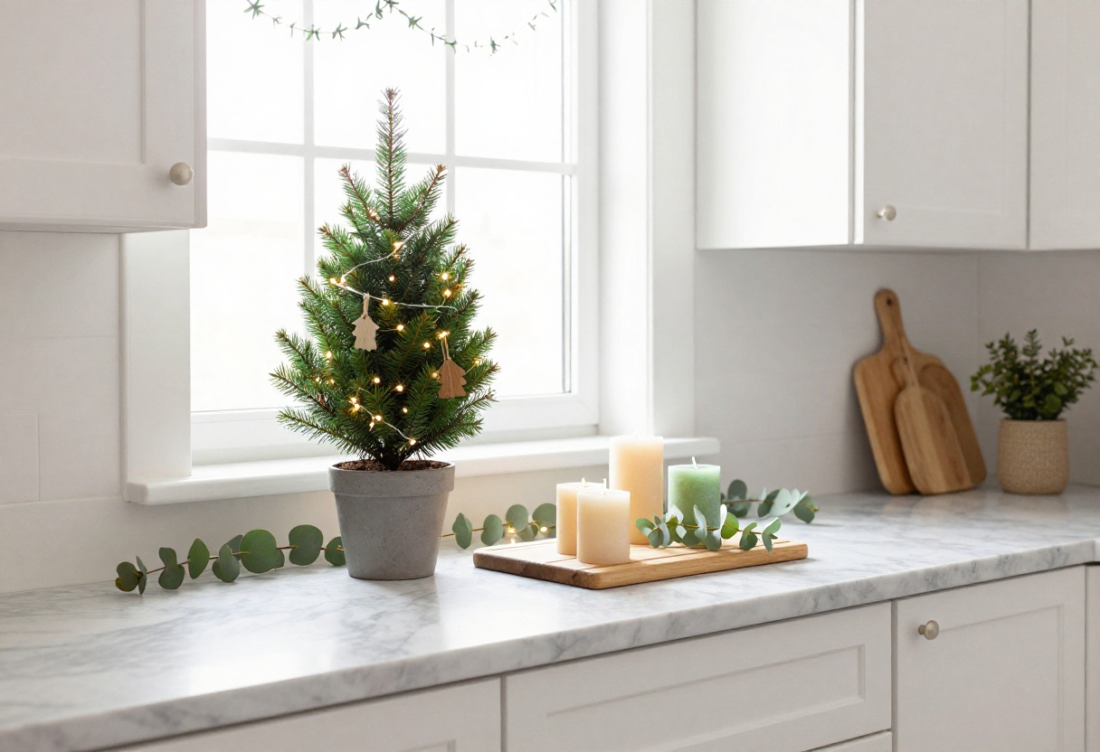 Cozy kitchen counter with a small Christmas tree, candles, and eucalyptus garland