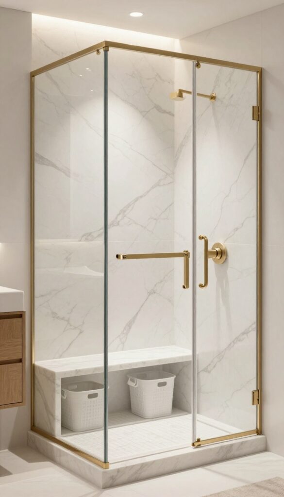 A luxurious marble bench with built-in storage in a walk-in shower, showcasing classic design with practical hidden compartments and elegant details like wood and brass accents.