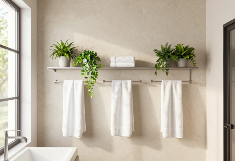 Modern bathroom shower with textured wall, floating shelves, plants, and towels in natural light.