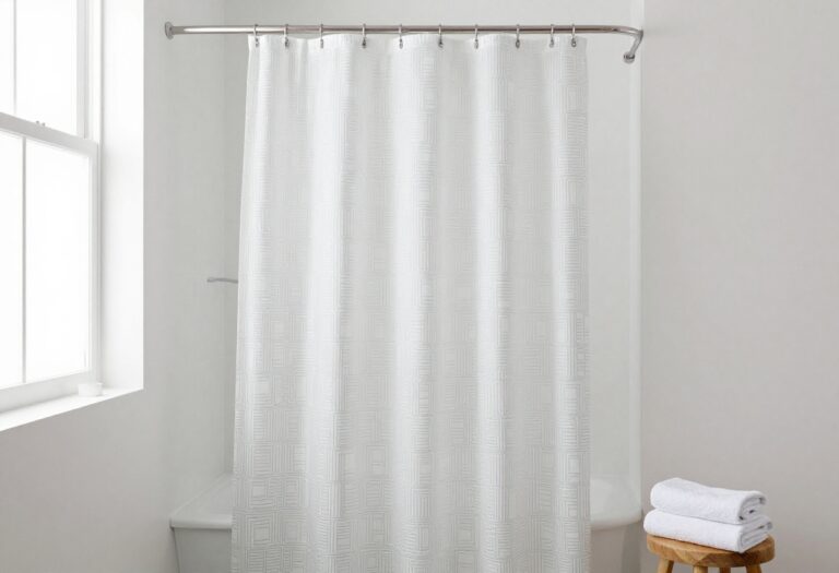 Modern bathroom with geometric-patterned shower curtain, natural light, and minimalist decor elements.