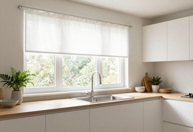 Bright kitchen with white cafe curtain above sink, plants on counter, natural light