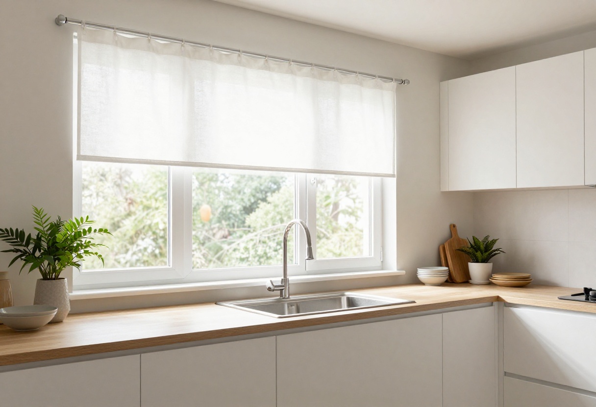 Bright kitchen with white cafe curtain above sink, plants on counter, natural light
