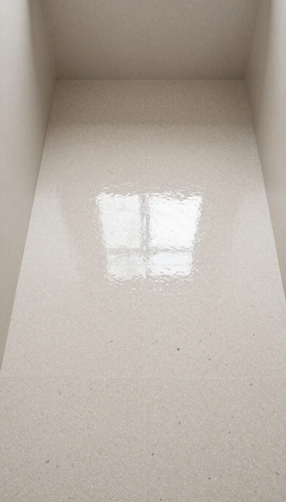 Close-up view of terrazzo-style tiles on a shower floor with colorful speckles in a neutral base, showcasing a trendy and durable design for bathroom inspiration.