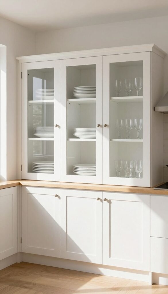 Small kitchen with glass-front upper cabinets displaying white dishware, creating depth and openness.