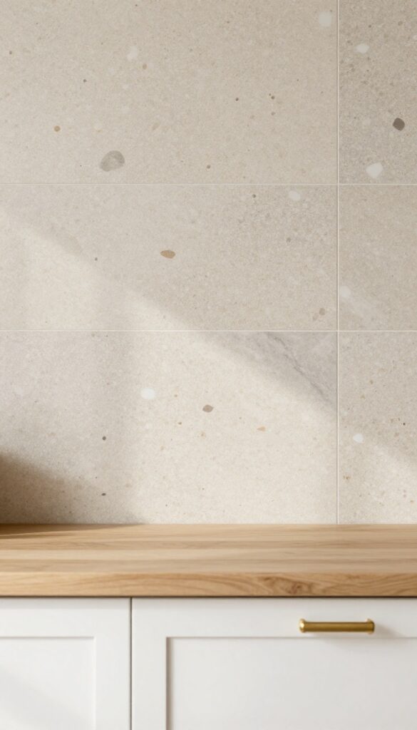 Terrazzo tile kitchen splashback with playful speckles in warm neutral tones, white cabinets, light wood countertop, brushed brass hardware