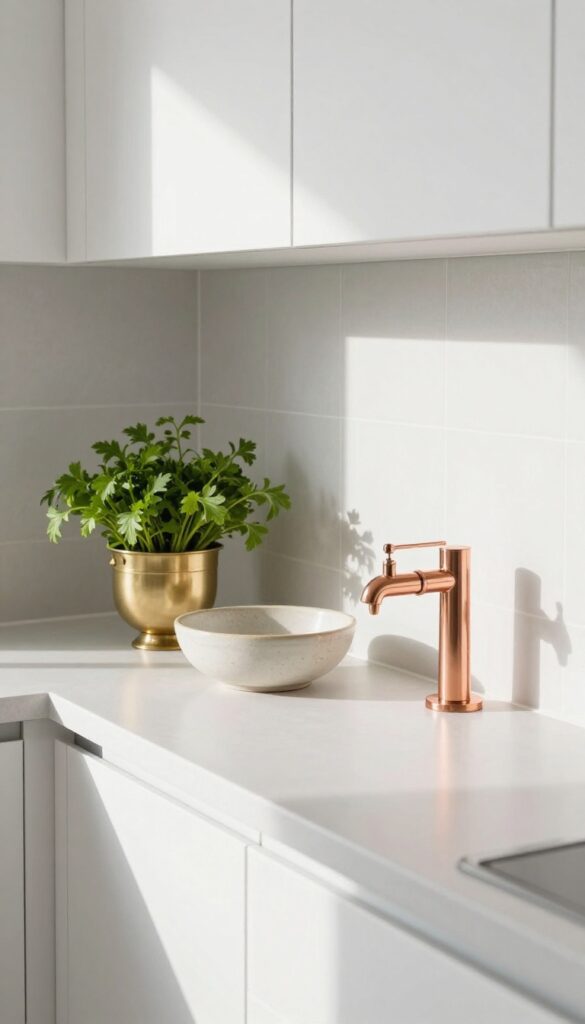 Indian kitchen with brass lota on windowsill and copper water dispenser on counter, warm metallic accents in natural light.