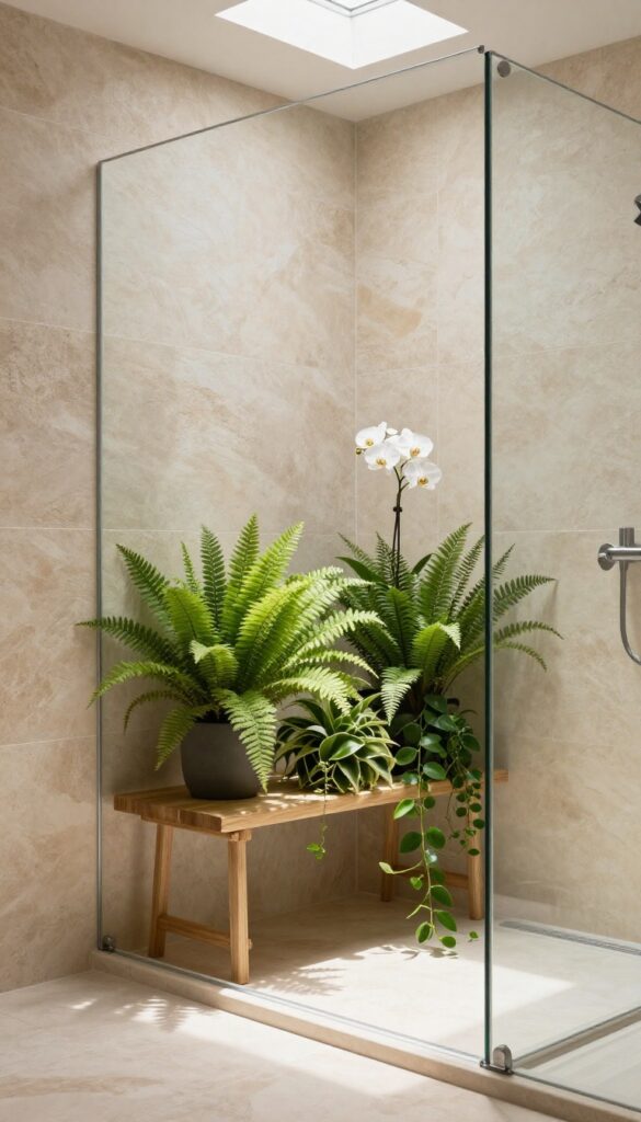 Bright shower with stone walls and skylight featuring ferns, pothos, and an orchid on a teak shelf